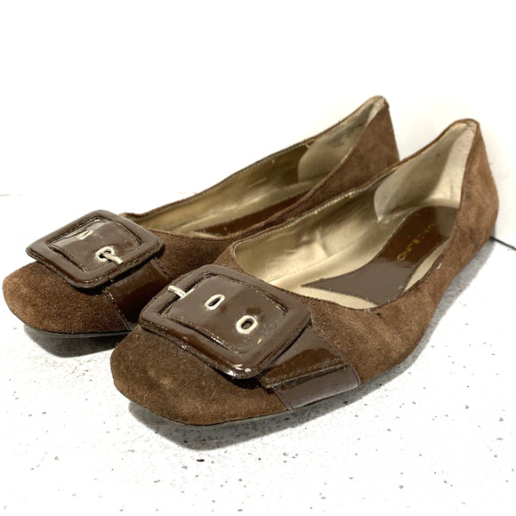 Bandolino brown suede leather flats slip on shoes US 7.5M faux patent buckle - Picture 2 of 11